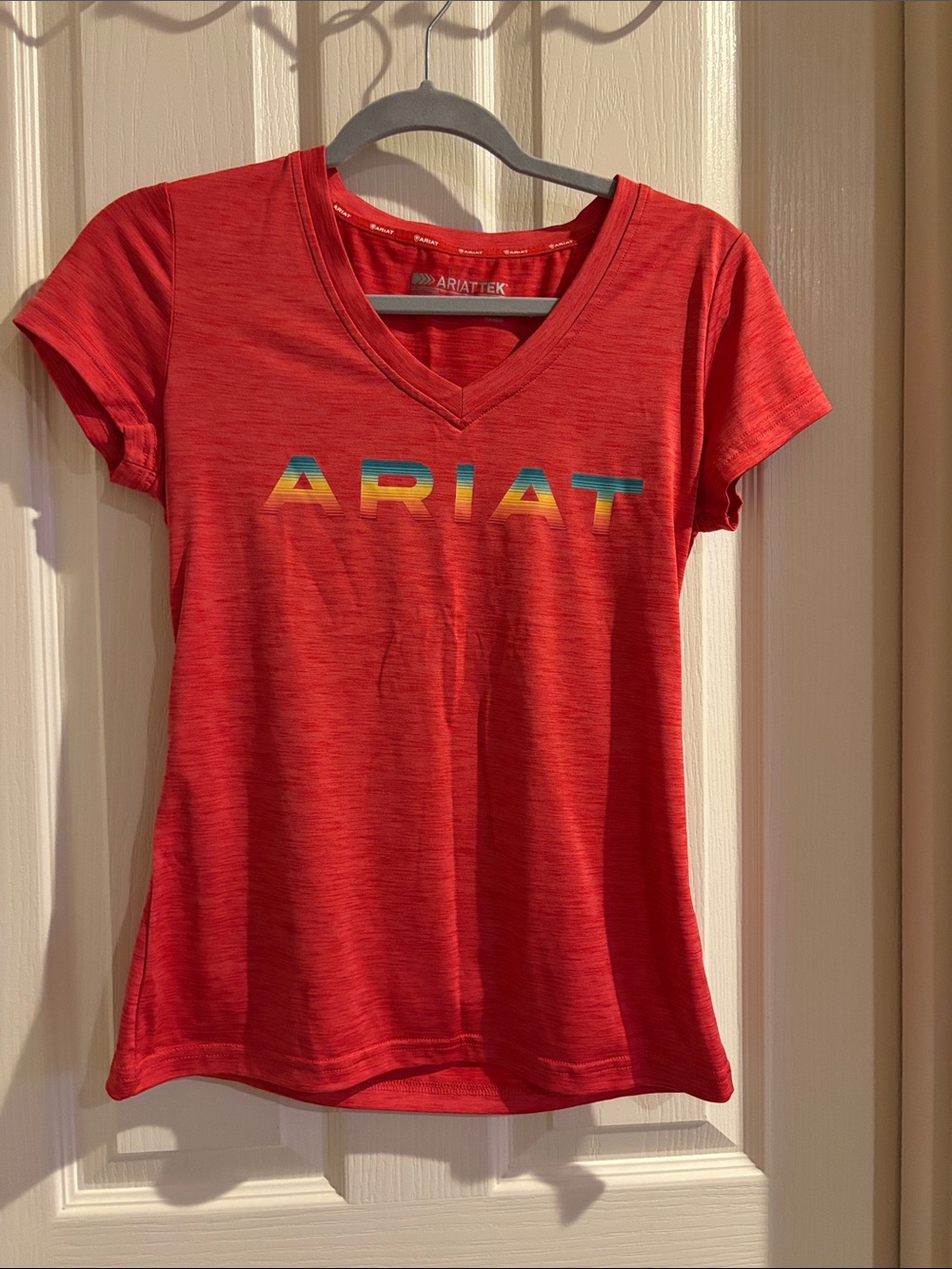 Ariat Red V-Neck Tee with Multicolor Logo